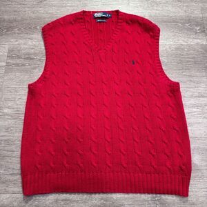 Polo Ralph Lauren Sweater Vest Womens Large Red Cable Knit Pullover V Neck Pony